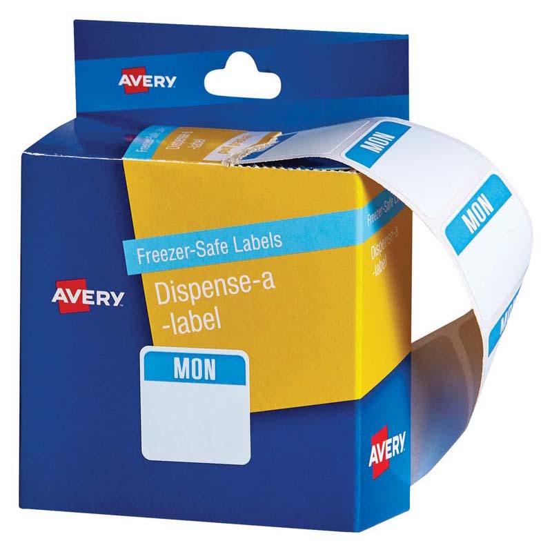 Avery Label Dispenser with 100 versatile 24x24mm freezer-safe labels for easy kitchen organization and storage.