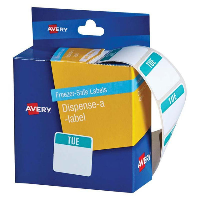 Avery Label Dispenser pack with 100 freezer-safe 24x24mm labels for organizing food containers and storage.