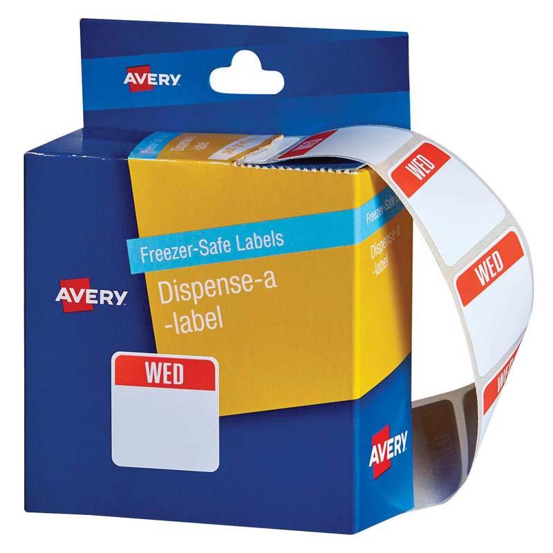 Avery Label Dispenser with 100 freezer-safe 24x24mm labels for easy and professional organization of food and office items.