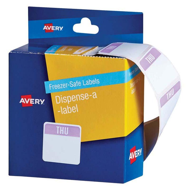 White Avery label dispenser containing 100 freezer-safe 24x24mm labels for organizing food containers easily.