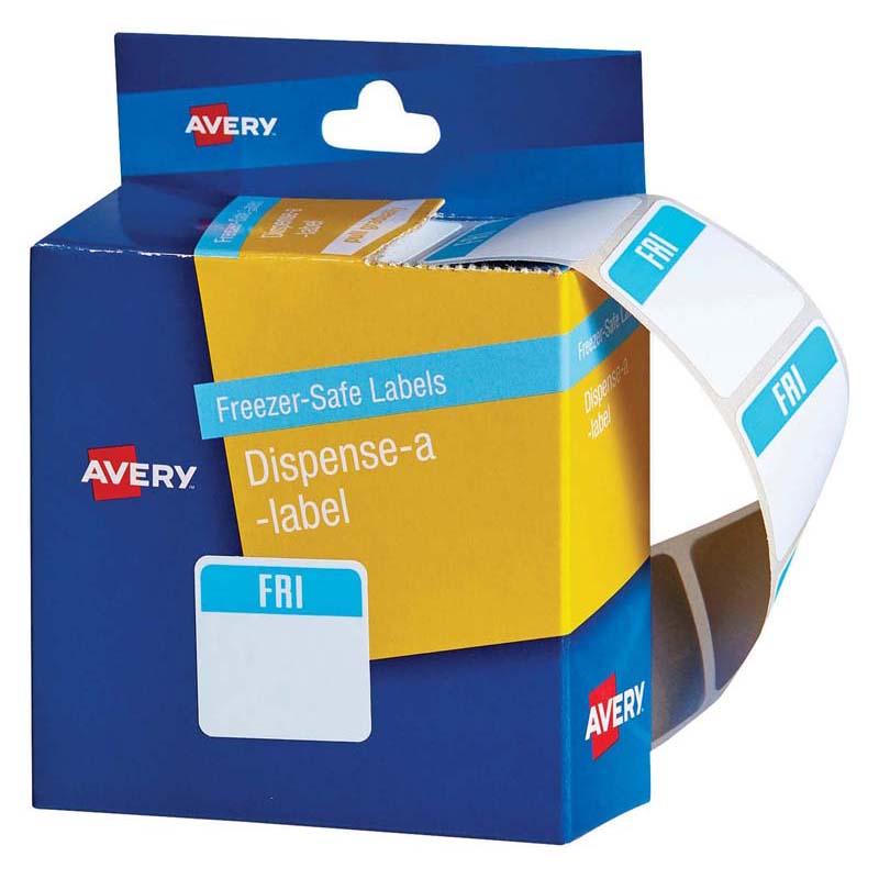 Avery label dispenser pack with 100 white freezer-safe labels, ideal for organizing food containers without residue.