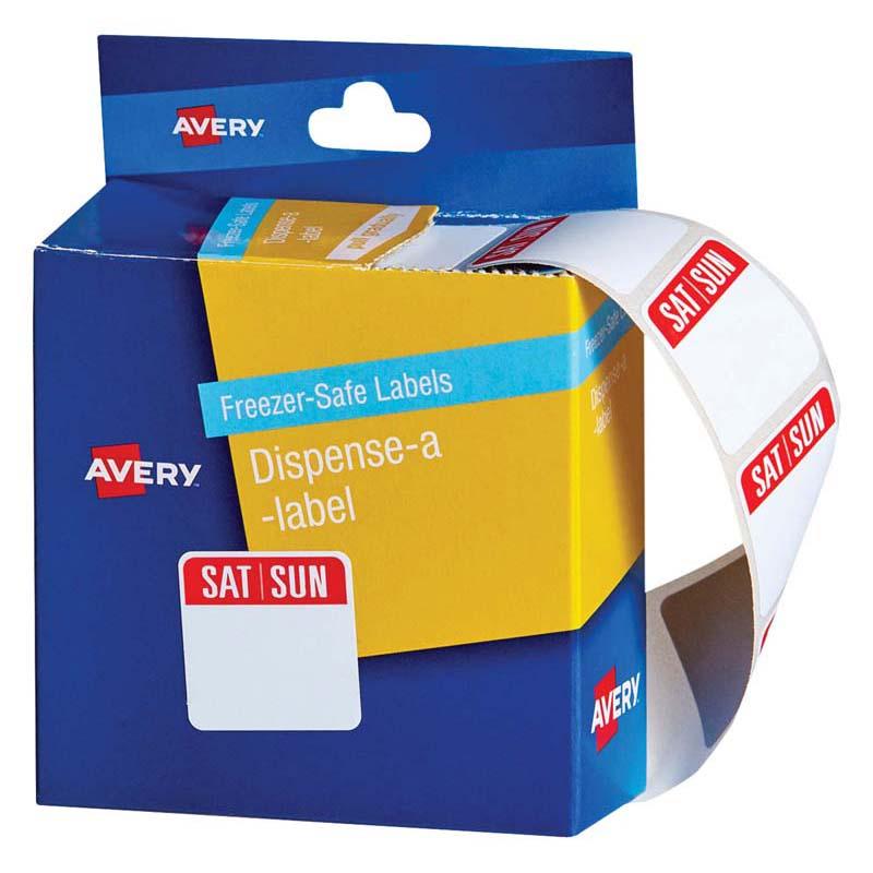 Avery 24x24mm labels in a dispenser, freezer-safe, durable, for glass/plastic use, with removable adhesive, 100 pack.