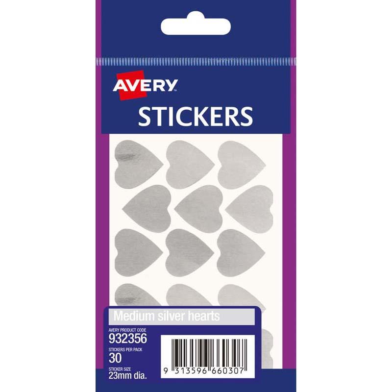 Silver medium heart-shaped labels in a 30-pack, perfect for stylish organization and personal projects with permanent adhesive.