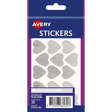 Silver medium heart-shaped labels in a 30-pack, perfect for stylish organization and personal projects with permanent adhesive.