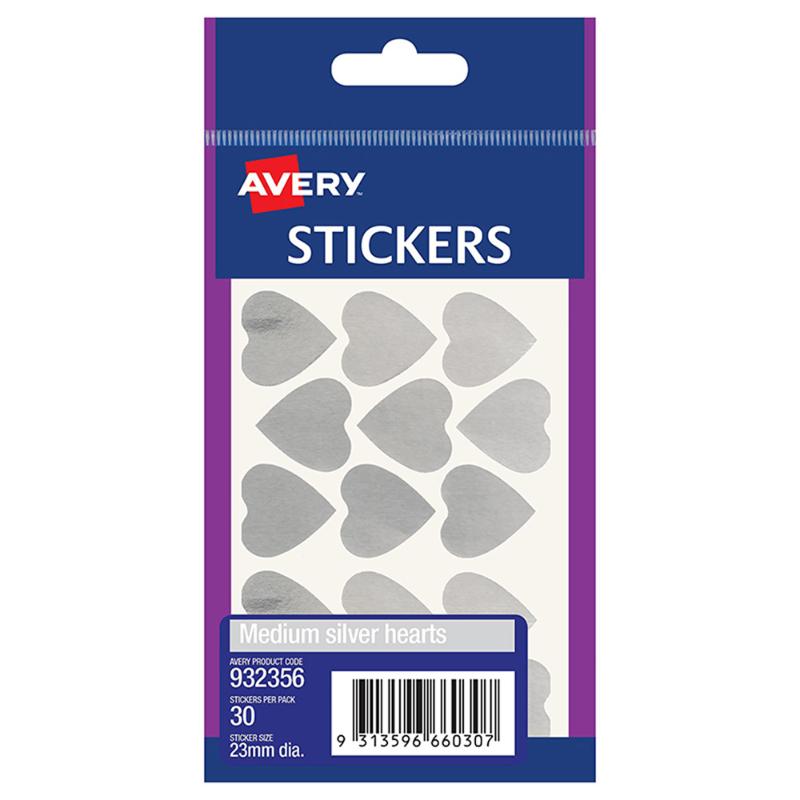 Avery Label Hearts Silver Medium 30 Pack