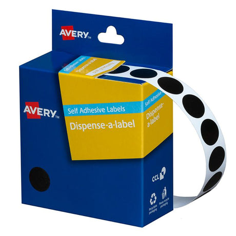 Avery Label Dispenser DMC14BK with 1050 black 14mm labels for easy organization and identification in any workspace.