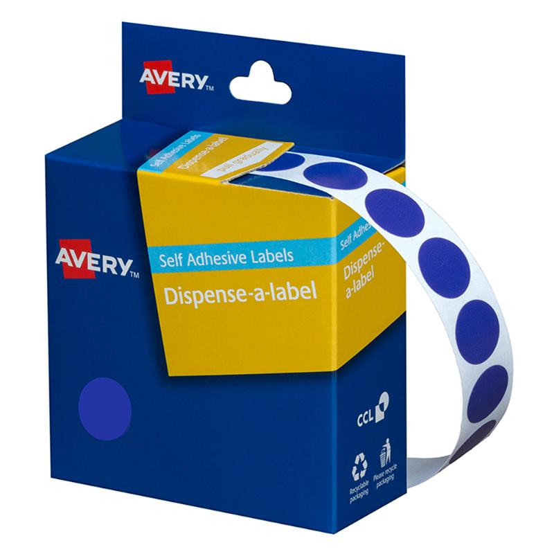 Blue Avery Label Dispenser with 1050 round, 14mm labels, featuring removable adhesive for easy repositioning.