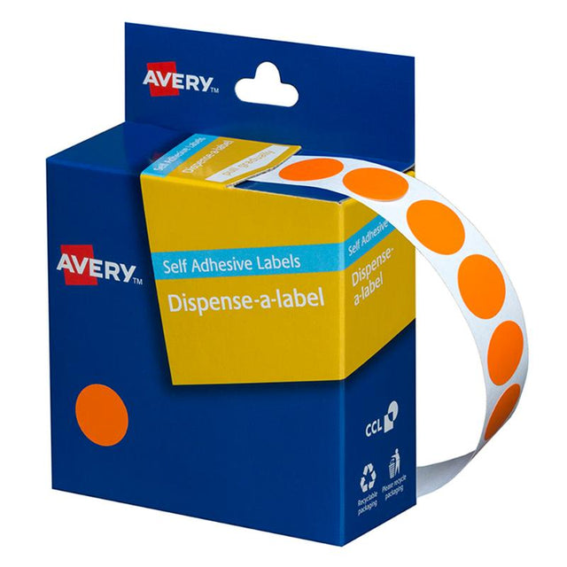 Avery orange label dispenser with 1050 round 14mm labels, featuring removable adhesive for easy organization and visibility.