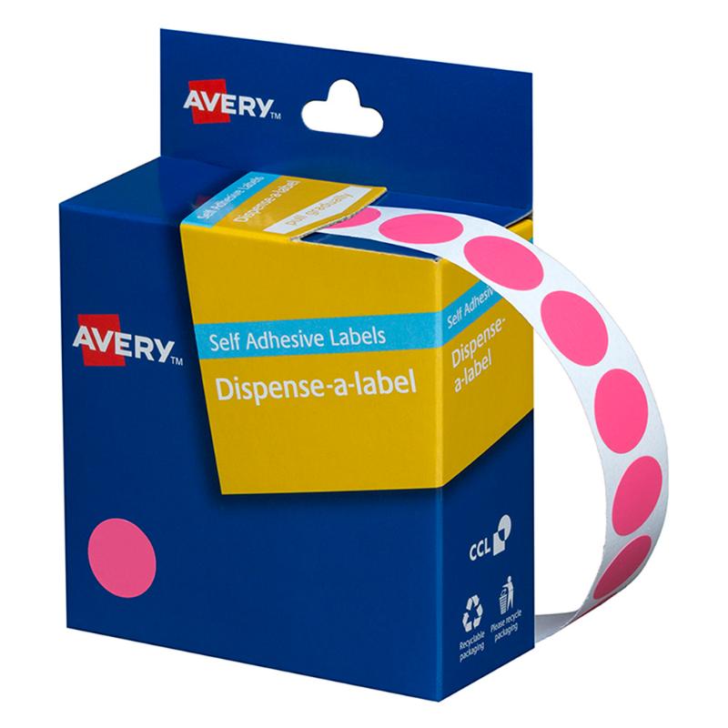 Avery pink label dispenser with 1050 removable 14mm labels, perfect for easy organization at home or office.