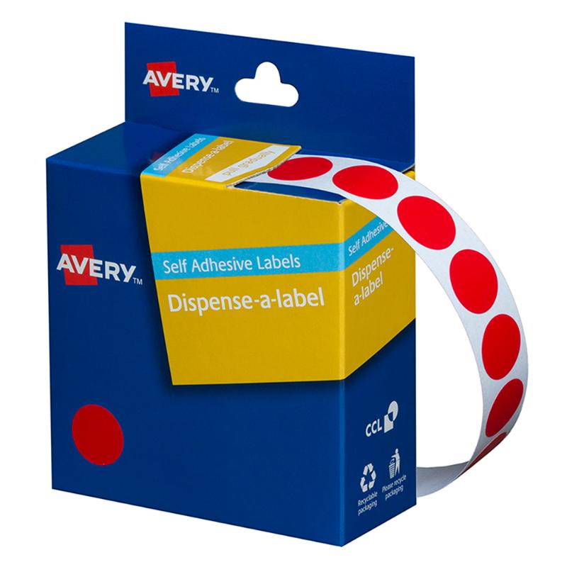 Avery red label dispenser with 1050 round 14mm labels for easy organization and identification tasks.