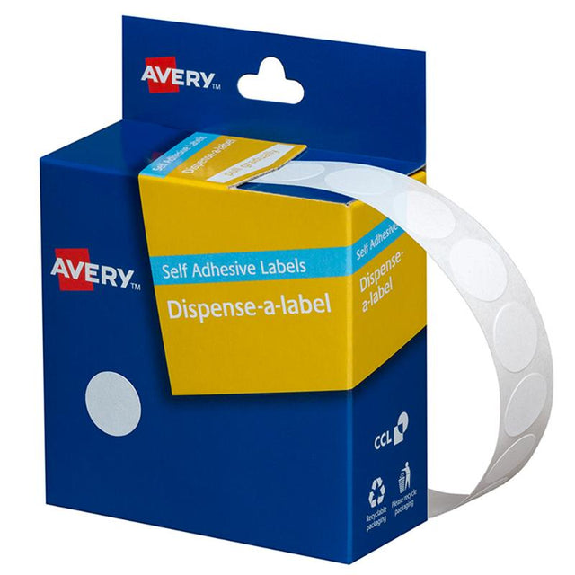 Avery Label Dispenser DMC14W with 1200 white 14mm round labels for versatile, efficient labeling and organization.