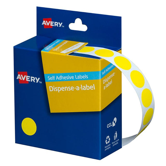 Yellow 14mm round Avery label dispenser with 1050 removable adhesive labels for easy organization and identification.