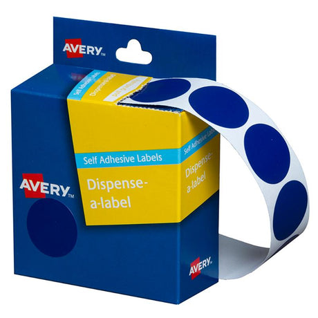 Avery DMC24B blue round label dispenser with 500 removable 24mm labels for easy organization and quick access.