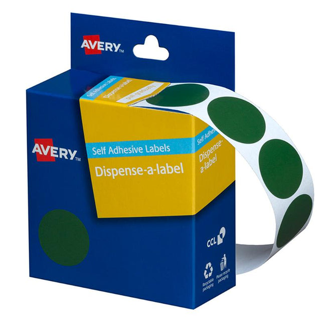 Green round Avery label dispenser with 500 removable 24mm labels, ideal for organization and easy application.