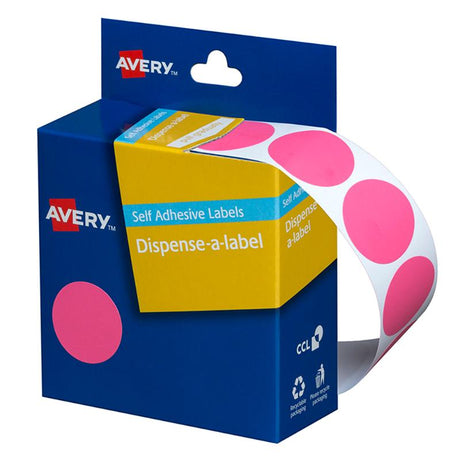 Vibrant pink round labels (24mm) in a dispenser pack of 500, perfect for easy multi-purpose organization and labeling.