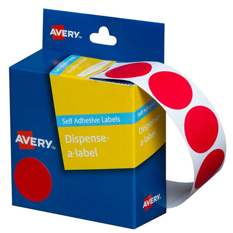 Red Avery DMC24R label dispenser with 500 round 24mm labels, featuring removable adhesive for easy repositioning.