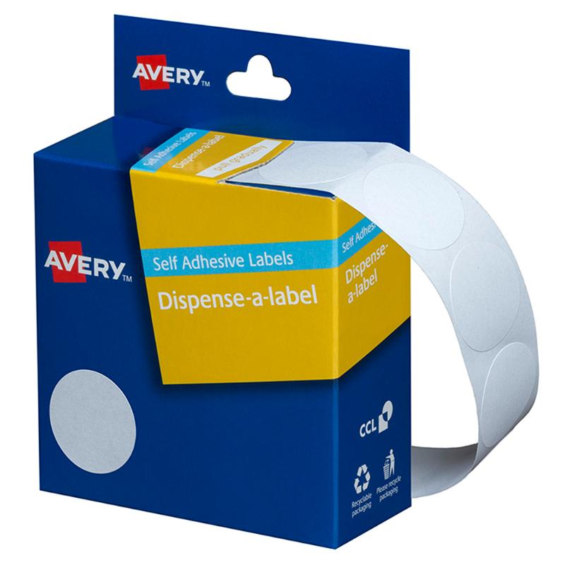 Avery Label Dispenser with 550 white round 24mm labels, ideal for easy organization and versatile labeling tasks.