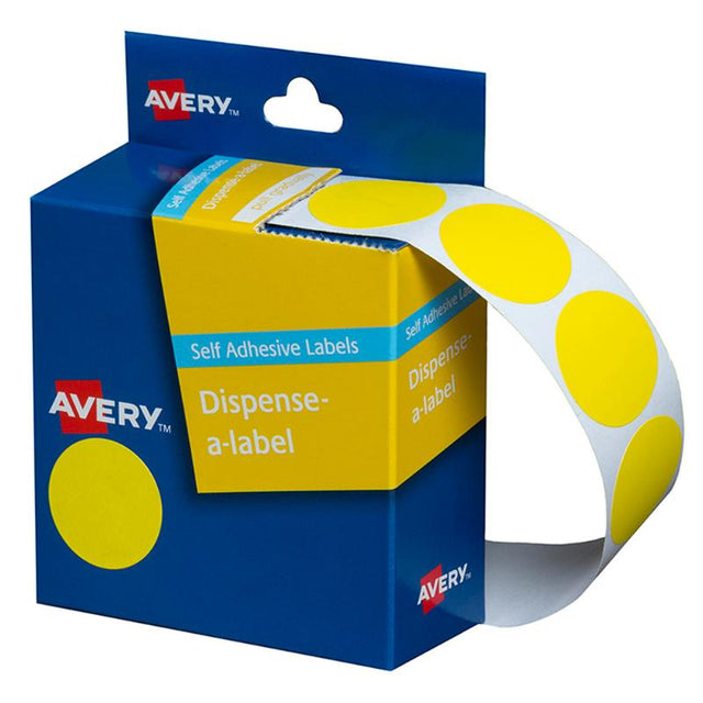 Bright yellow round labels in a dispenser pack, 24mm size, ideal for easy access and temporary labeling, 500 per pack.