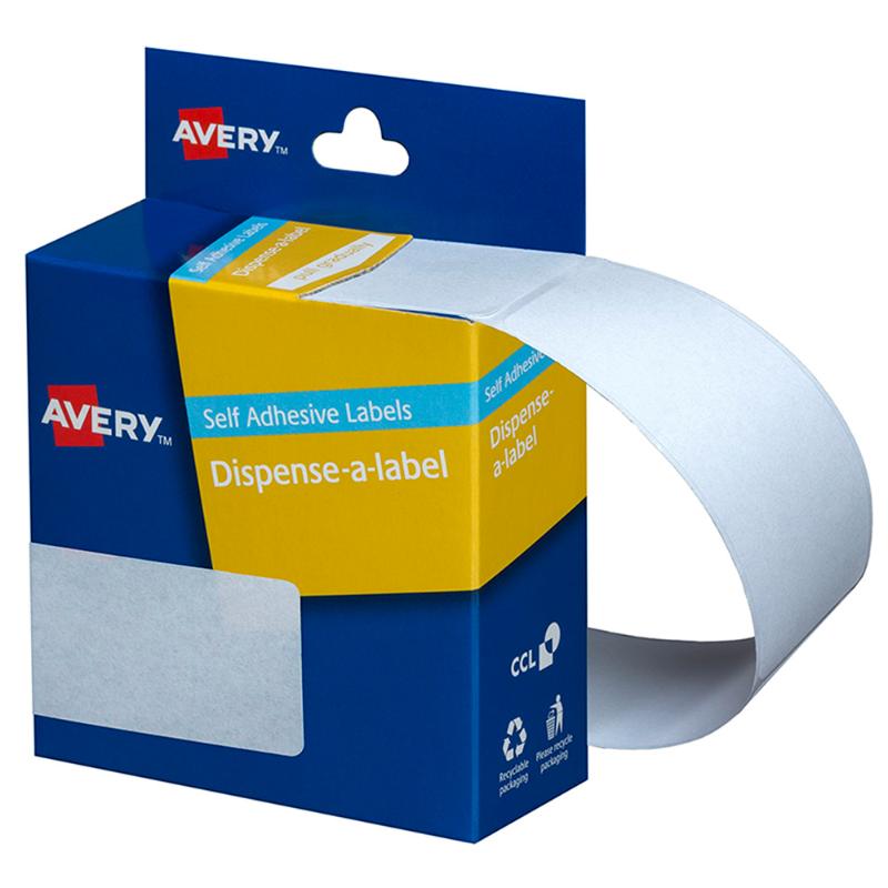 Avery Label Dispenser DMR7627W with 180 white labels, 76x27mm, for efficient, removable labeling and organization tasks.