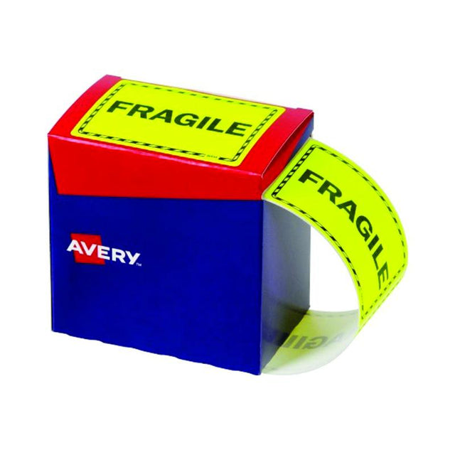 Avery Fragile Label Dispenser with 750 bright warning labels for safe shipping, featuring a durable, easy-to-use dispenser.