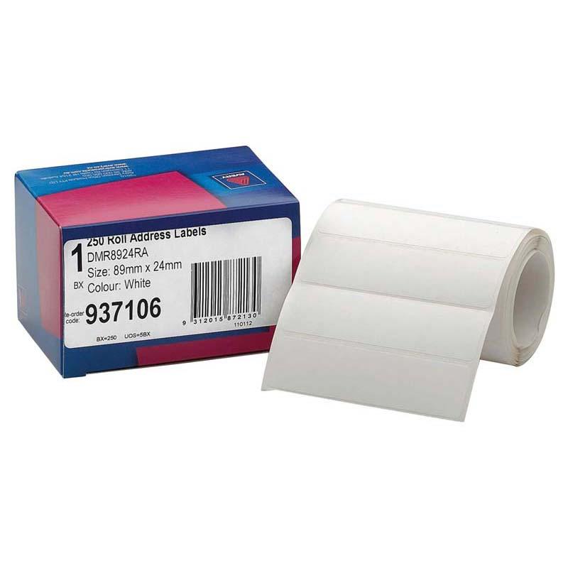 Avery 89x24mm white address label dispenser with 250 easy-to-separate labels for efficient organization and labeling.