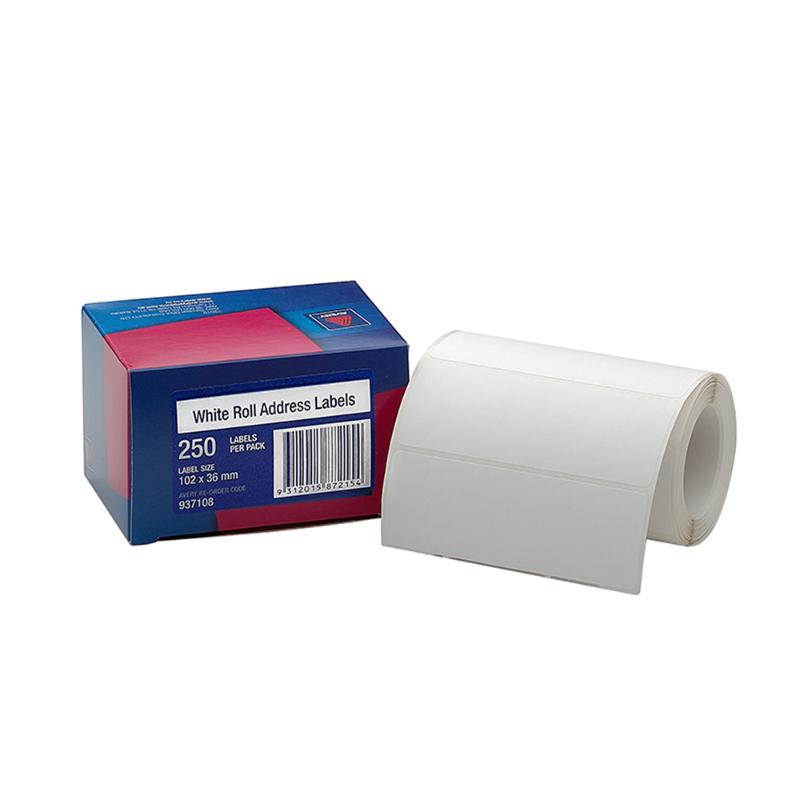 White address labels on a roll, 102x36mm size, 250 pack, perfect for easy dispensing and smooth labeling tasks.