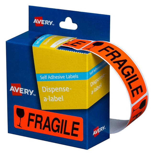 Bright orange "FRAGILE" labels in a 125-pack dispenser, 19x64mm, designed for shipping delicate items safely.