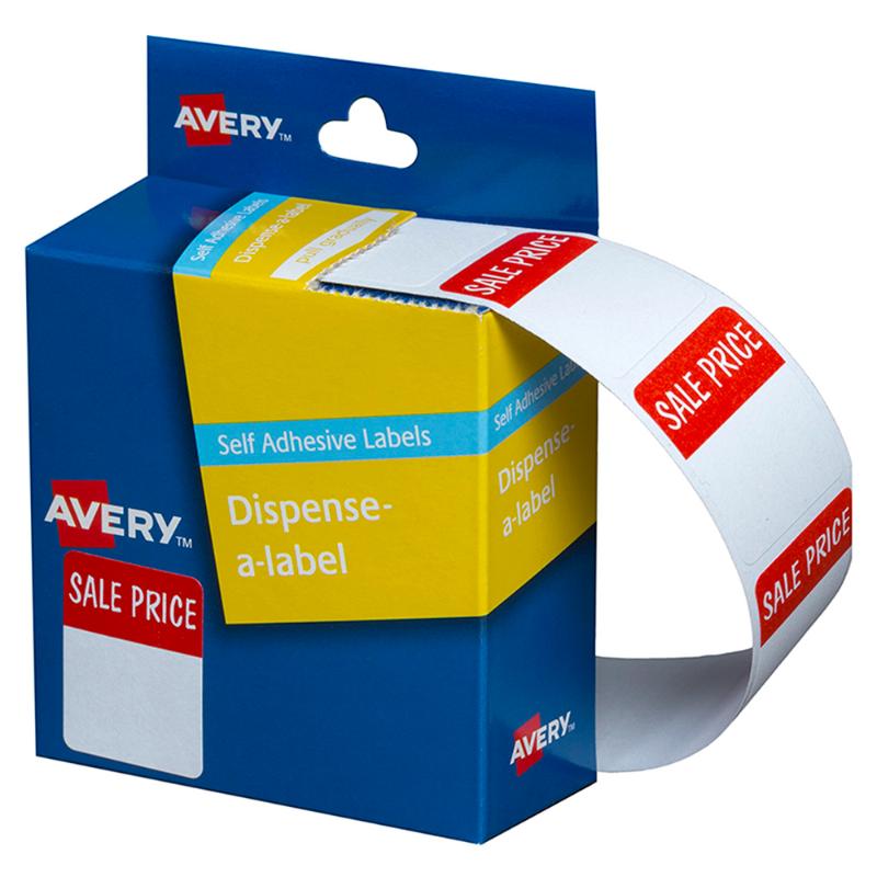 Avery Label Dispenser DMR2432SI with 400 vibrant 30x24mm labels in red and white, ideal for easy organization and quick access.