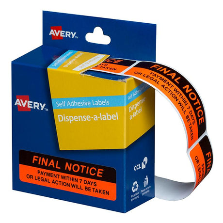 Avery DMR1964R3 Final Notice labels in a 125 pack, 19x64mm, featuring vibrant colors and removable adhesive for easy organization.