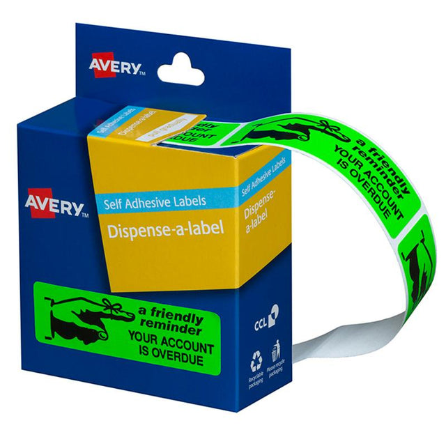 Bright green and black pre-printed labels, 64x19mm, in dispenser pack for easy organization and reminders.