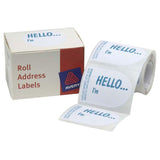 Bright white Avery label dispenser with 100 pre-printed 58x43mm labels, featuring removable adhesive for easy repositioning.