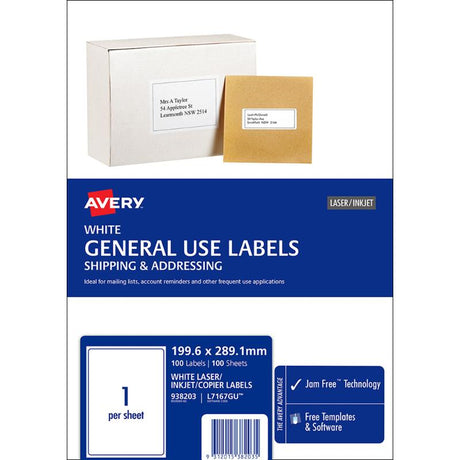 Avery L7167 A4 labels, 199x289mm, eco-friendly, 100 sheets, compatible with laser and inkjet printers for versatile labeling.