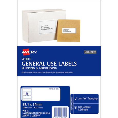 Avery L7162 A4 labels, 16-up format, 99x34mm, eco-friendly, 100 sheets, ideal for organizing and labeling tasks.