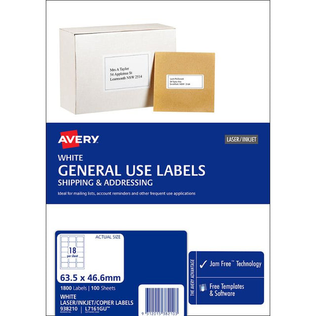 Avery L7161 A4 labels, 63x46mm, for inkjet/laser printers; 1800 eco-friendly, jam-free labels per pack.