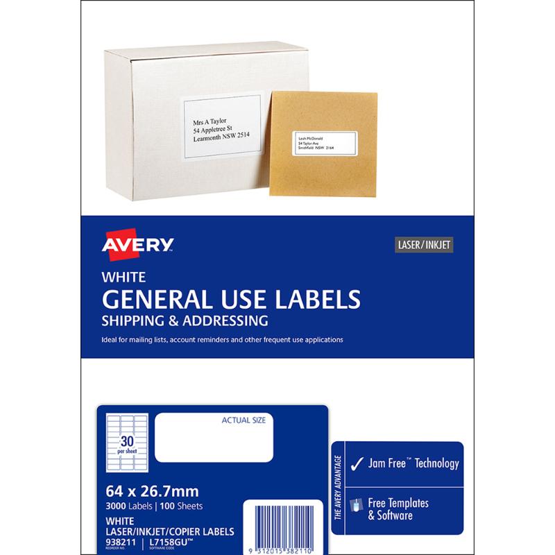 Avery L7158 labels 64x26.7mm, 3000 white labels in 100 sheets, suitable for inkjet and laser printers, eco-friendly.