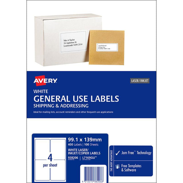 Avery L7169 A4 labels, 4 labels per sheet, 99x139mm, eco-friendly, compatible with laser and inkjet printers.