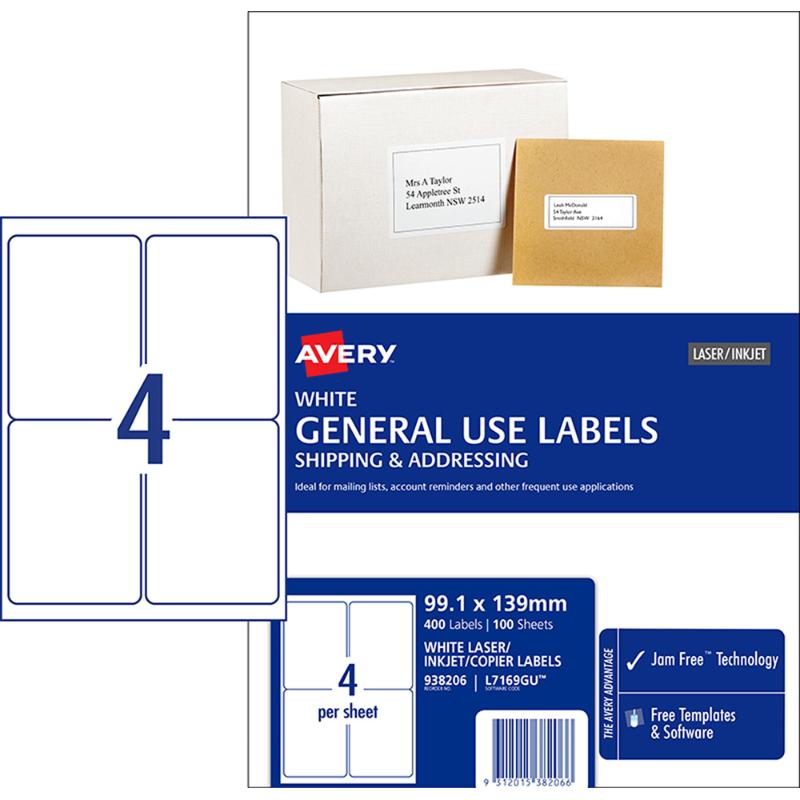 Avery L7169 A4 labels, 99x139mm, 400 total, eco-friendly, compatible with laser and inkjet printers for versatile labeling.