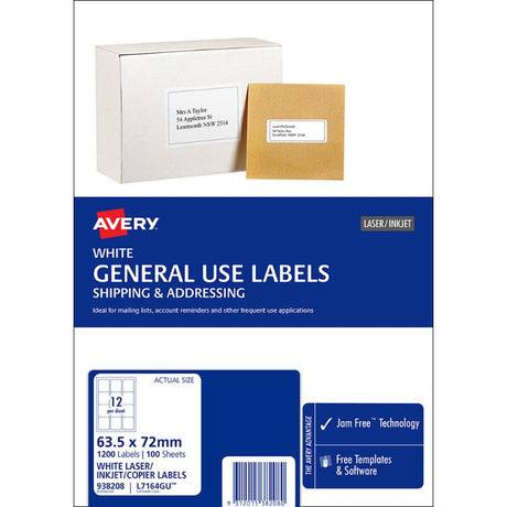 Avery L7164 A4 labels, 12 per sheet, 63x72mm, eco-friendly, jam-free for laser/inkjet printers, 1200 labels total.