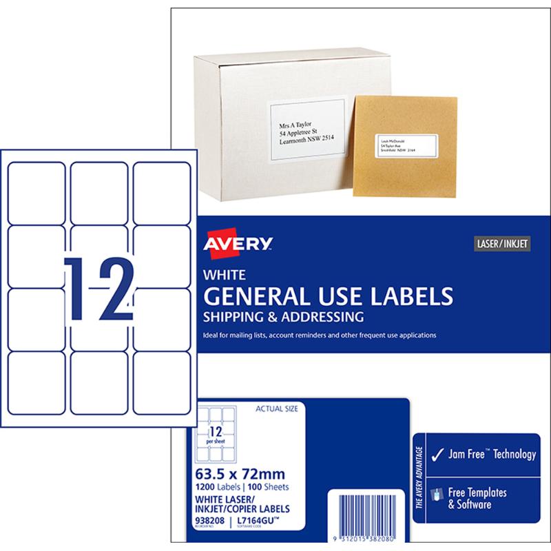 Avery L7164 white labels, 63x72mm, 12-up A4 sheets, 100 sheets, eco-friendly, jam-free, for easy printing and customization.