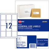 Avery L7164 white labels, 63x72mm, 12-up A4 sheets, 100 sheets, eco-friendly, jam-free, for easy printing and customization.