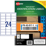 Avery Triplebond labels, white, 63.5x33.9mm, for outdoor use, tear-proof, water-resistant, 240 labels total on 10 sheets.