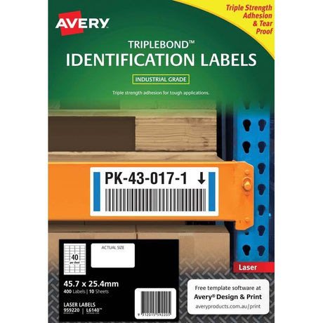 Avery TripleBond labels L6140, 45.7x25.4mm, durable white labels with strong adhesion, ideal for outdoor and nursery use.