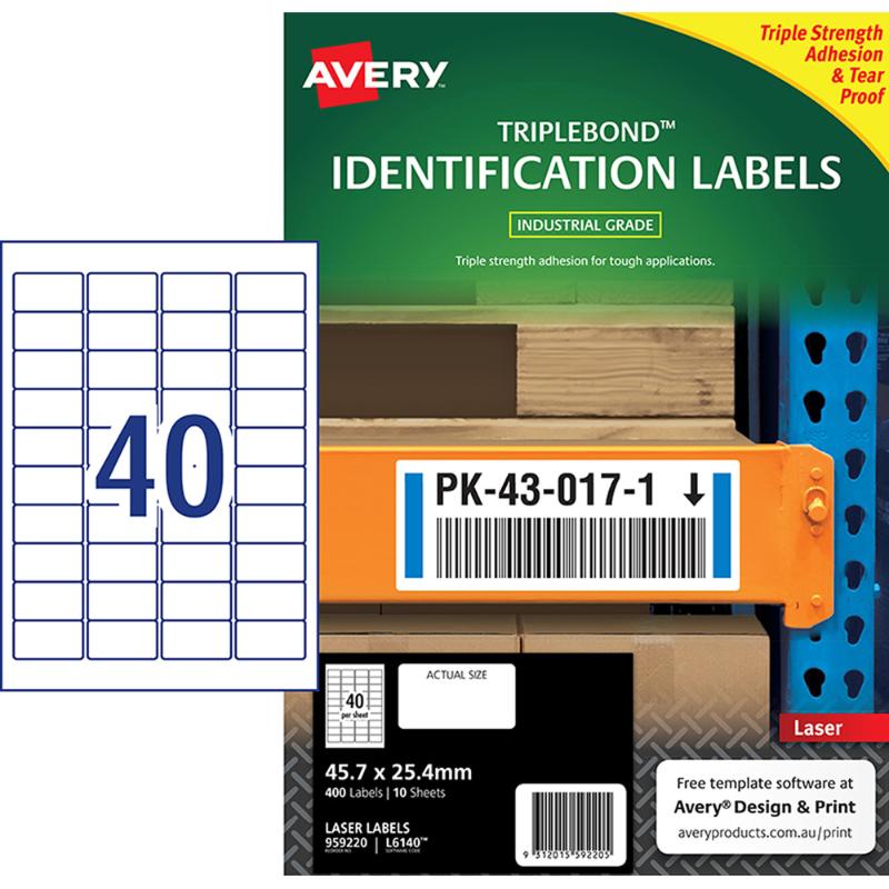 Avery TripleBond labels L6140, white polyester, 45.7x25.4mm, 40-up, 10 sheets, durable and water-resistant for outdoor use.