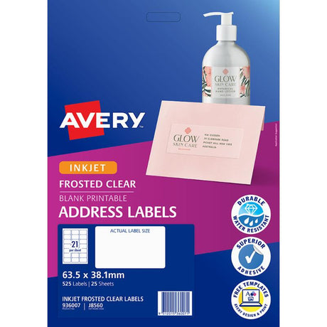 Frosted clear inkjet labels 63.5mm x 38.1mm, 21 labels per sheet, ideal for envelopes and invitations with quick peel ease.