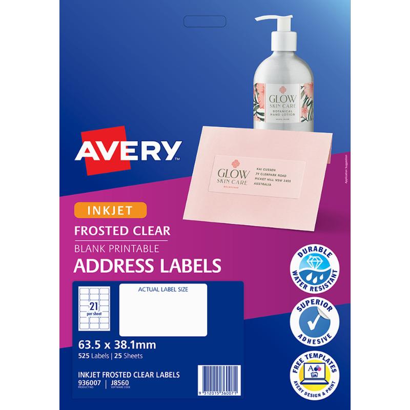 Avery Label J8560 Frosted Clear 63.5mmx38.1mm 21up 25 Sheets Inkjet