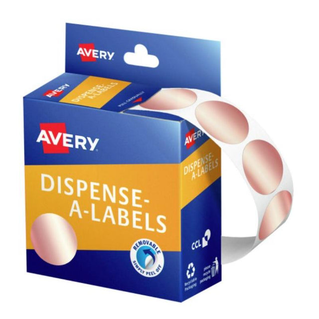 Rose gold round label dispenser containing 250 self-adhesive labels, perfect for stylish organization and easy application.