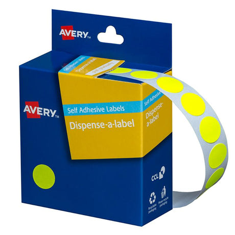 Vibrant yellow Avery label dispenser with 700 round 14mm removable labels for easy organization and labeling tasks.