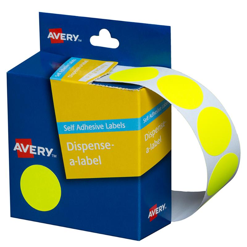 Bright yellow round adhesive labels in a dispenser, 24mm, 350 pack, ideal for organization and temporary labeling.