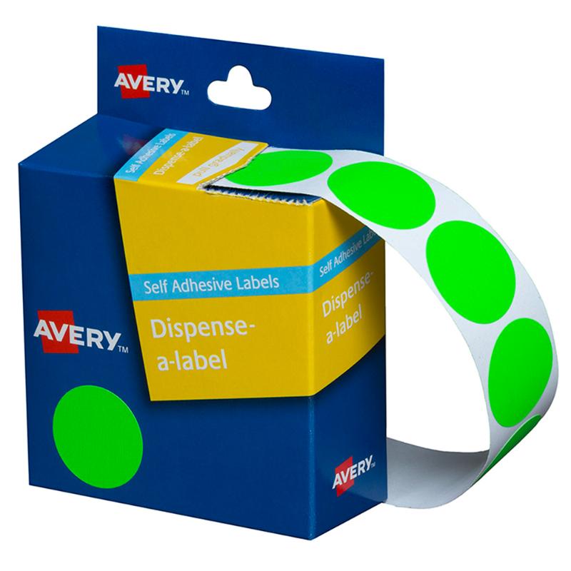 Avery Label Dispenser in vibrant Green Fluoro, 24mm round labels, 350 pack, ideal for organizing and easy identification tasks.