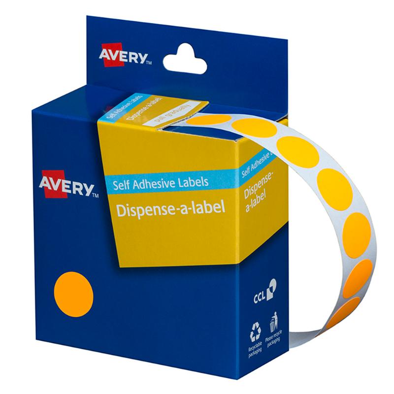 Avery Label Dispenser DMC14FO features 700 vibrant orange 14mm round labels with removable adhesive for versatile labeling needs.